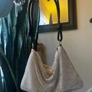 Silver Beaded Shoulder Bag with Black Handles